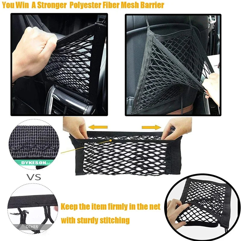 Car Seat Storage Net Bag and Pet Barrier, Stretchable Mesh Organizer Between Seats