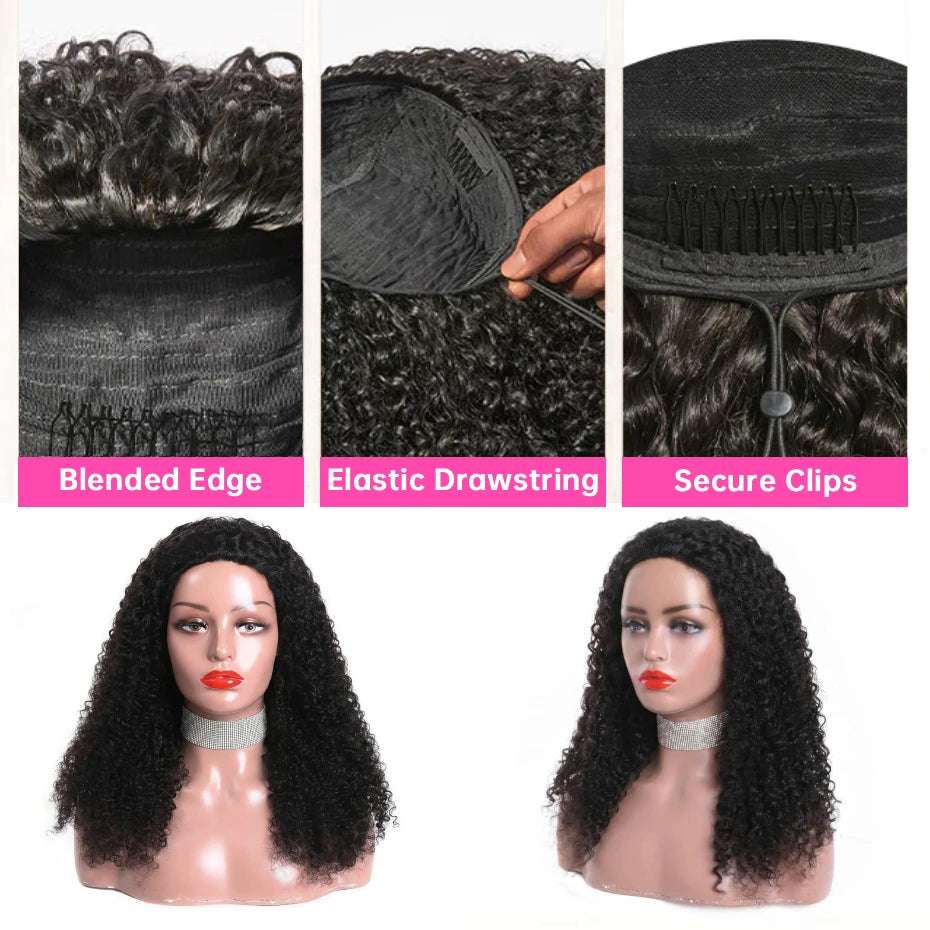 250 Density Kinky Curly Half Wig Double Drawn Invisible Drawstring Machine Made Wigs Human Hair Invisible Hairline Half Wig Natural Colored Ponytail