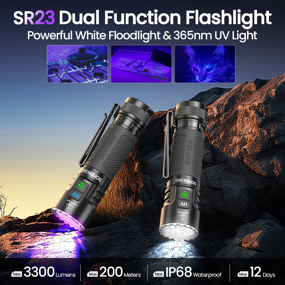 SOFIRN SR23 Flashlight EDC TN3535 3000LM 365nm UV SST08 USB-C 21700 Rechargeable Light With Dual Switch