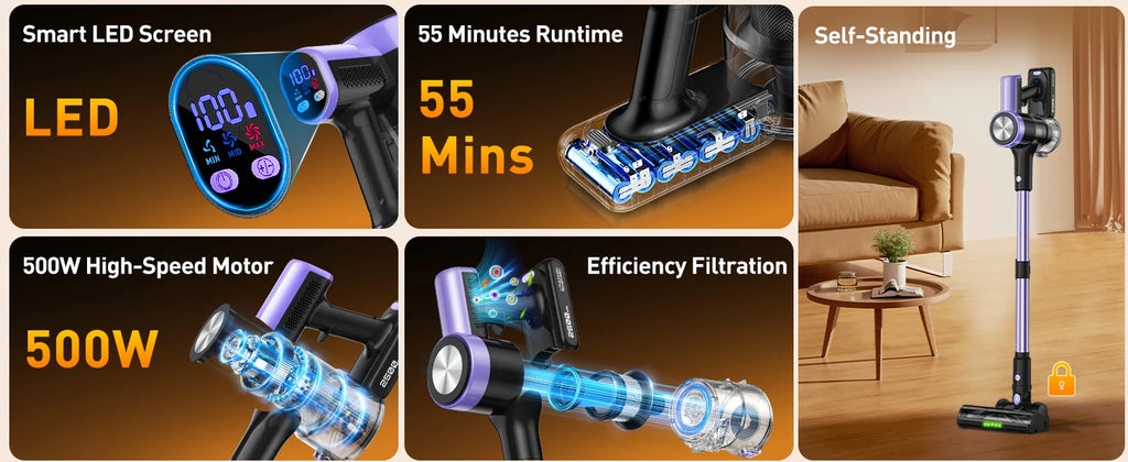 500W/55KPA Self-Standing Cordless Vacuum Cleaner,60 Mins Handheld Vacuum Cleaners,Smart LED Screen Vacuum for Rug/Fur