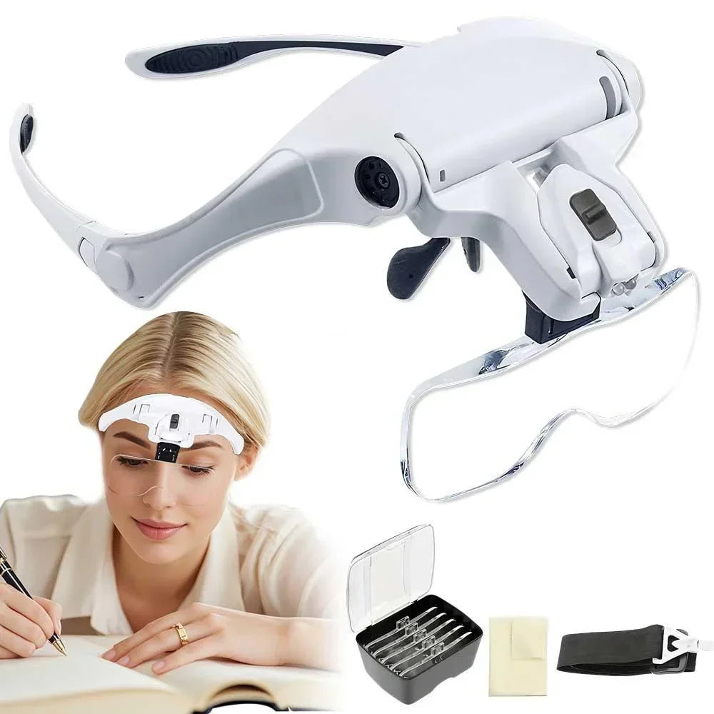 LED Head Magnifier with 5 Lenses 10X to 35X Adjustable Focus Hands Free Loupe for Precise Work Ideal for Crafts and Close Detail Magnification Glasses for Hobbyists and Professionals Lightweight Comfortable Wear