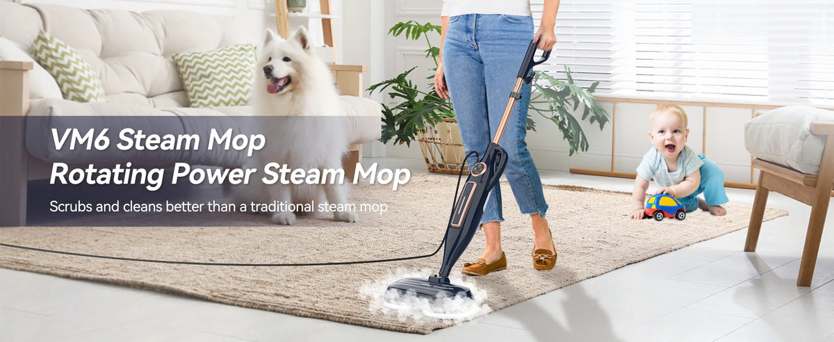 VM6 Steam Mop Cleaner with Rotating Mop Pads 1300W Powerful Floor Steamer 10 in 1 Lightweight Spin Mop High Temperature with Steam Blaster Technology