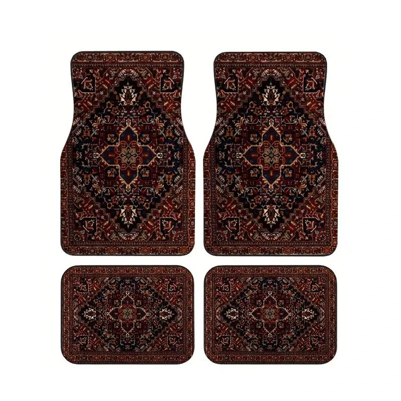Red Bohemian Paisley Car Floor Mats, 4-Piece Universal Anti-Slip Auto Carpet Set