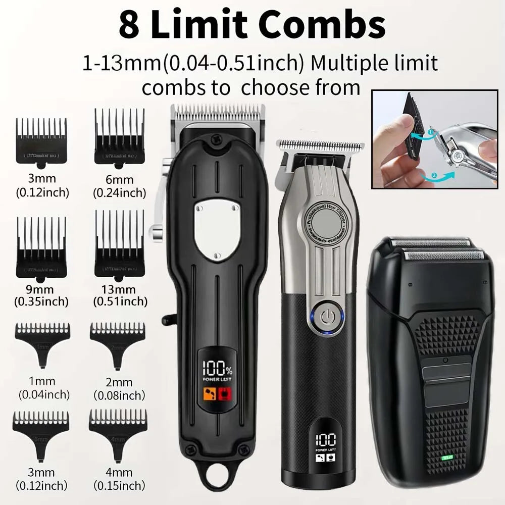 Professional Hair Clipper Set for Men, Cordless Haircut Kit with LED Display, 3-in-1/2-in-1/1pc Rechargeable Hair Clipper & T-Blade Trimmer & Electric Shaver, Barber Zero-Gapped Detailer, DIY Grooming Tools with Scissors, Com