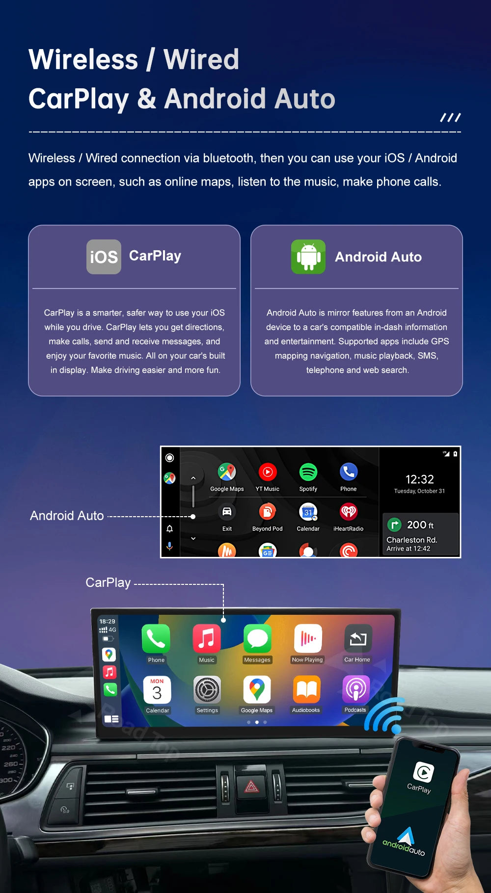 Road Top 12.3" Wireless CarPlay & Android Auto Car Screen