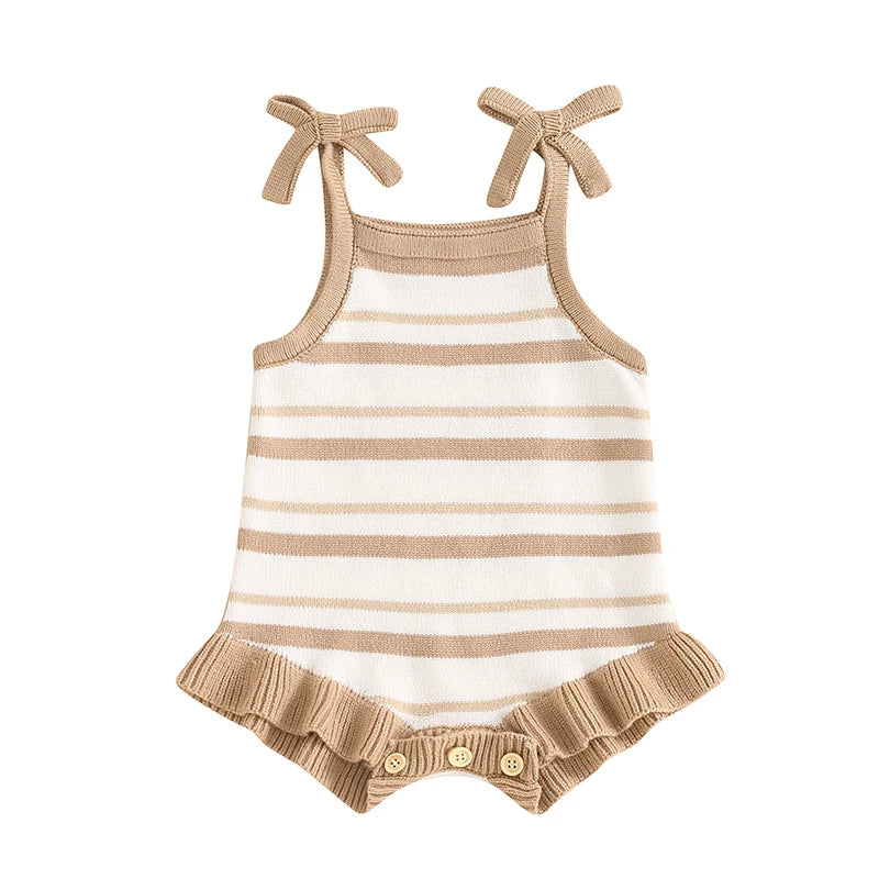 0-18M Cute Baby Girls Boys Summer Romper Sleeveless Bow Strap Ruffle Striped Ribbed Jumpsuits Playsuit