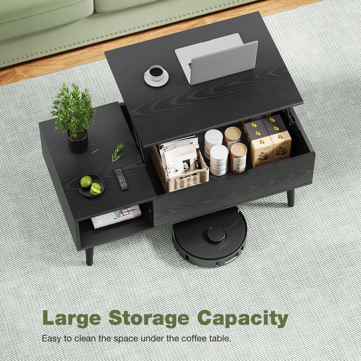 Lift-Top Coffee Table with Hidden Storage Shelf, 39 x 20 Inch