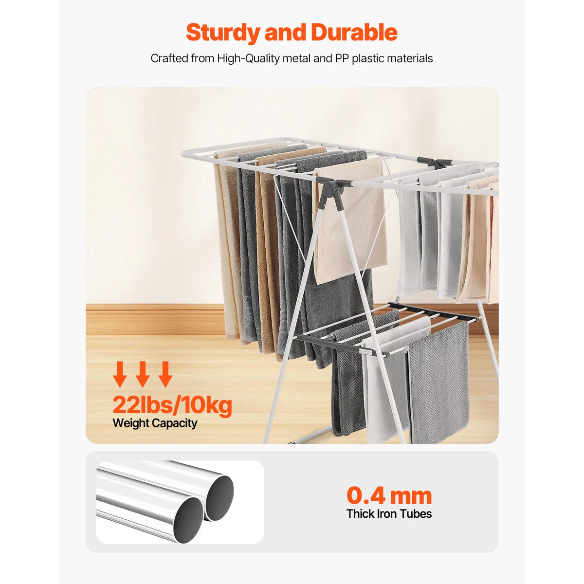 Foldable Metal Clothes Drying Rack with Sock Clips, Height Adjustable
