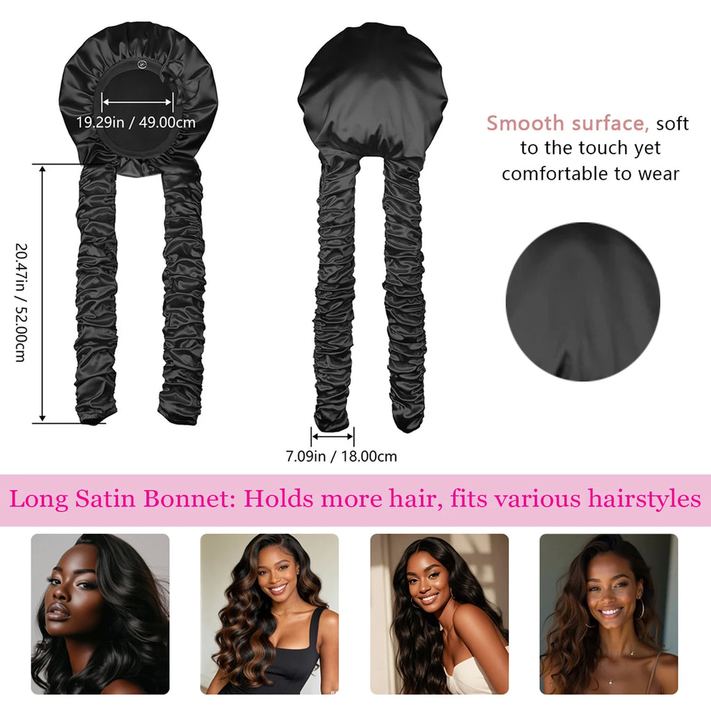 Heatless Curl Satin Sleep Bonnet with Curling Ribbons, No-Slip Bonnet for Long Hair