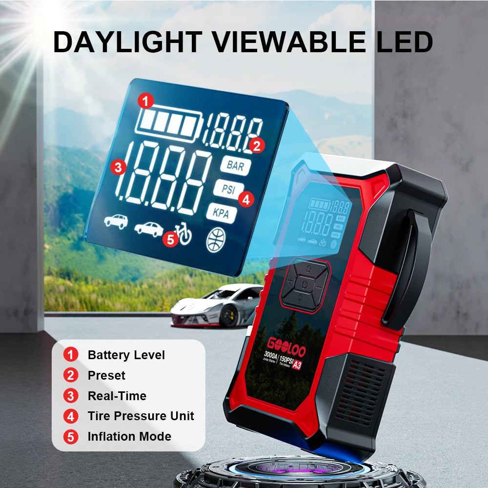 A3 Jump Starter with Air Compressor, 3000A Portable Car Battery Booster (9.0 Gas/6.5L Diesel) with 150PSI Auto-Shutoff Ti