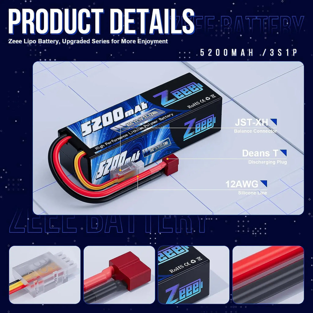 Zeee 11.1V 80C 5200mAh 3S Lipo Battery with Deans Plug Hardcase Battery for RC Car Boat Truck Helicopter Airplane Racing Models
