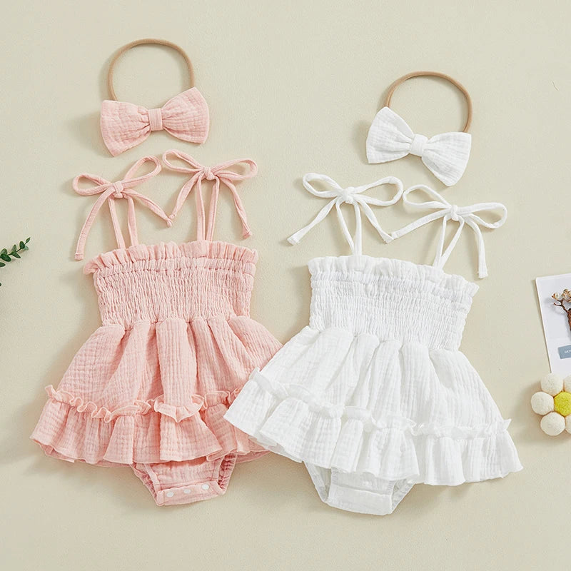 Newborn Baby Girl Summer Romper Dress, Sleeveless Tie-Strap Jumpsuit