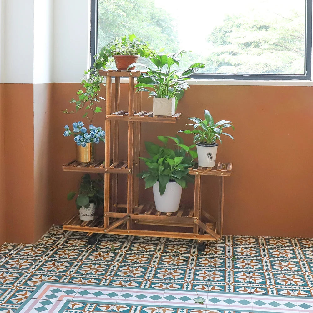 Rolling Multi-Layer Wood Plant Stand with Wheels
