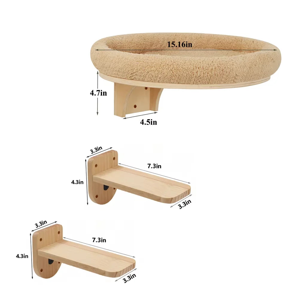 Wall-Mounted Wooden Cat Climbing Ladder with Hammock and Scratching Post