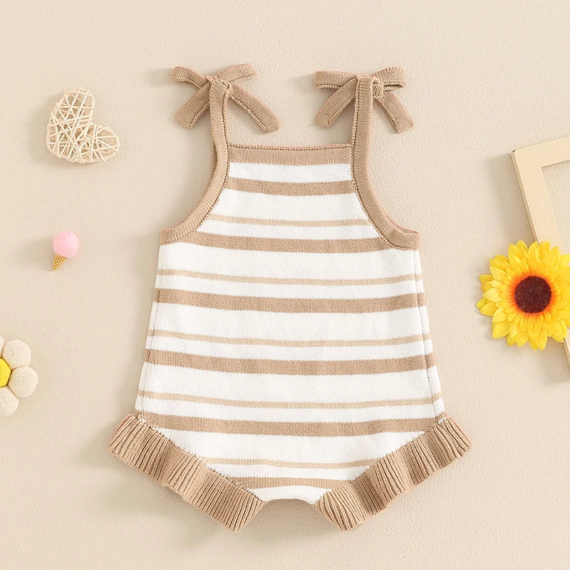 0-18M Cute Baby Girls Boys Summer Romper Sleeveless Bow Strap Ruffle Striped Ribbed Jumpsuits Playsuit
