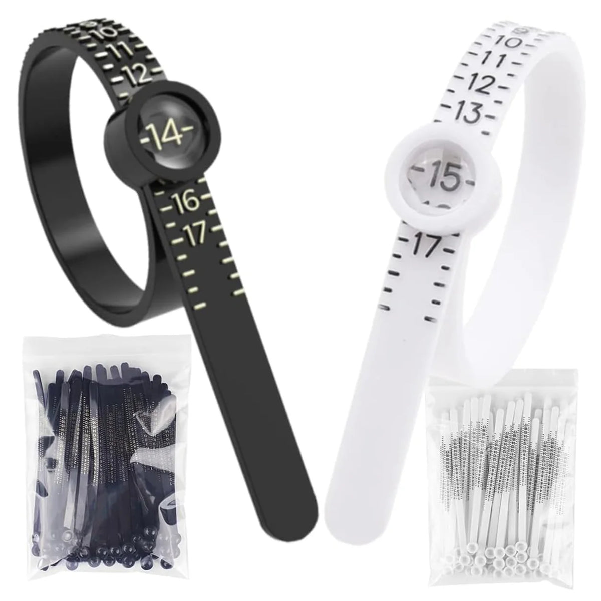 TOOLTOS 50PCS Ring Sizer Measuring Belts with Magnifier US Size 1-17 Adjustable Finger Gauge Black White Jewelry Ring Measuring Tools