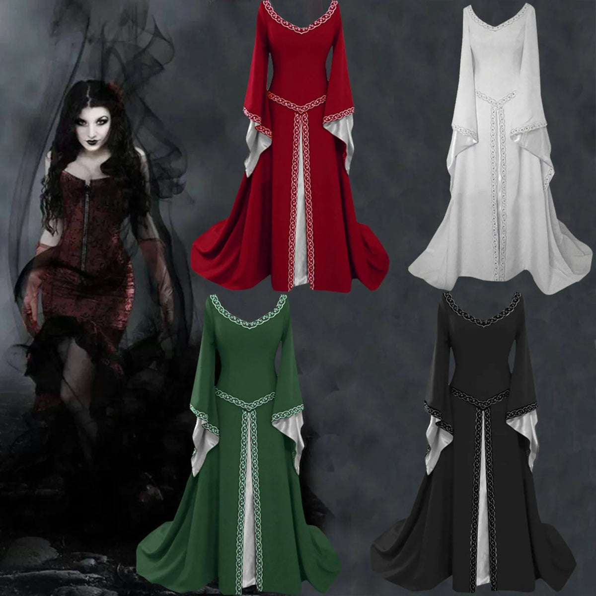 Medieval Vintage Long Dress, Flare Sleeve V Neck Floor Length Gown for Vampire Cosplay and Halloween Costumes