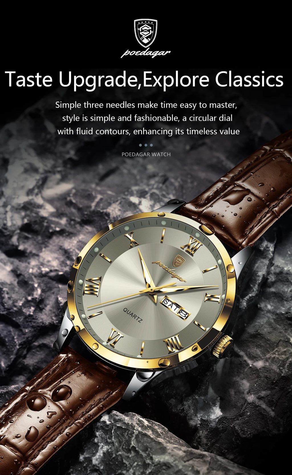 POEDAGAR Men's Leather Quartz Watch