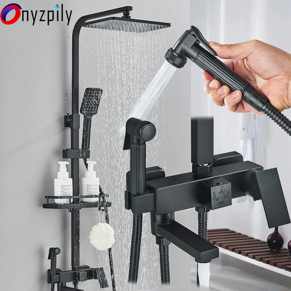 Rainfall Shower Faucet Set with Bathroom Shelf, Height-Adjustable Brass Bathtub Mixer