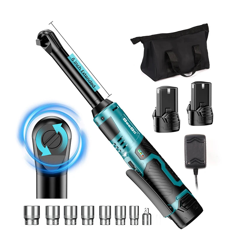 3/8" Cordless Electric Wrench 55Nm 6'' Extended Ratchet Wrench 12V Rechargeable Angle Wrench Car Repair Tools with 2pcs Batteries