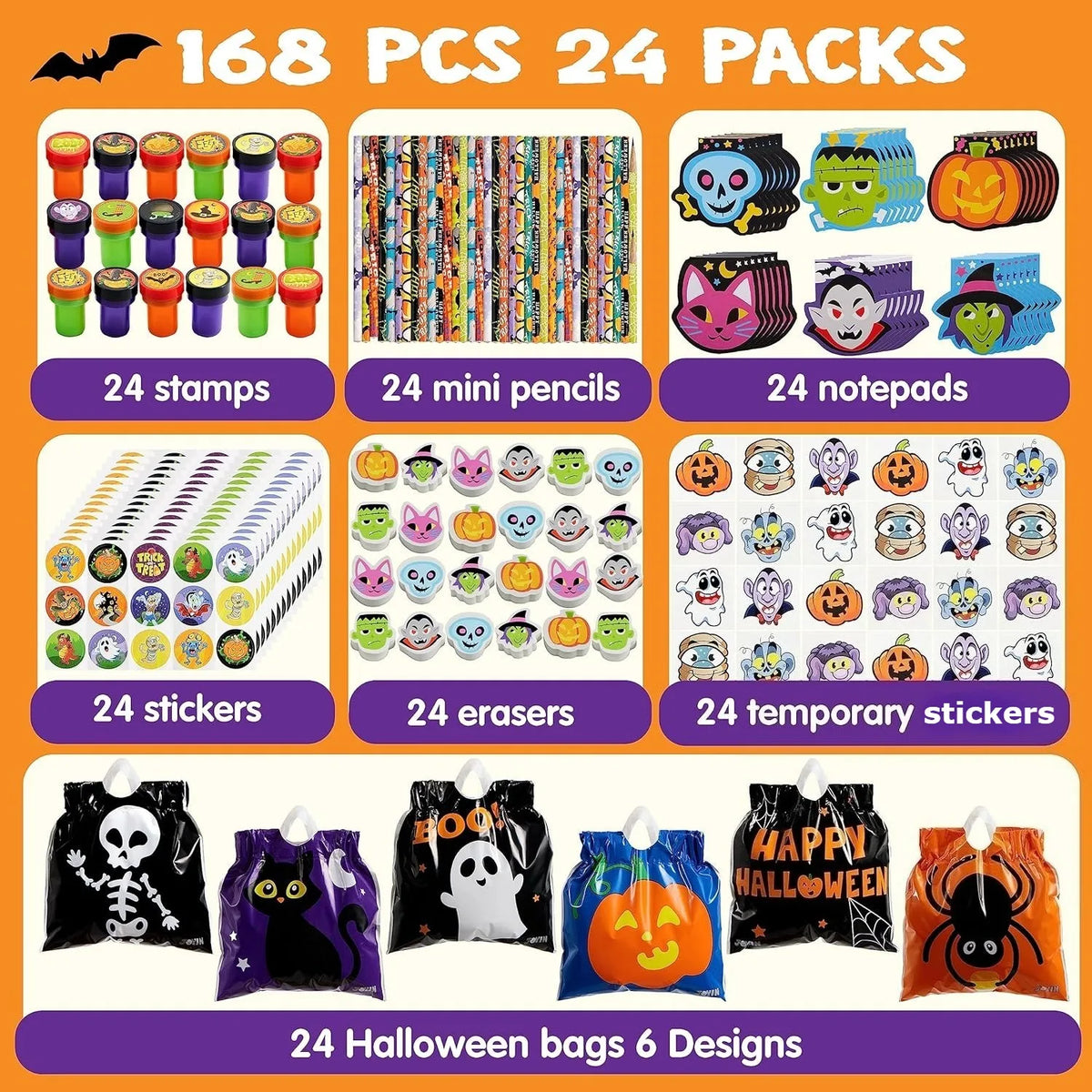 Halloween Party Favor Stationery Set, 168 Pcs for Trick or Treat Bags