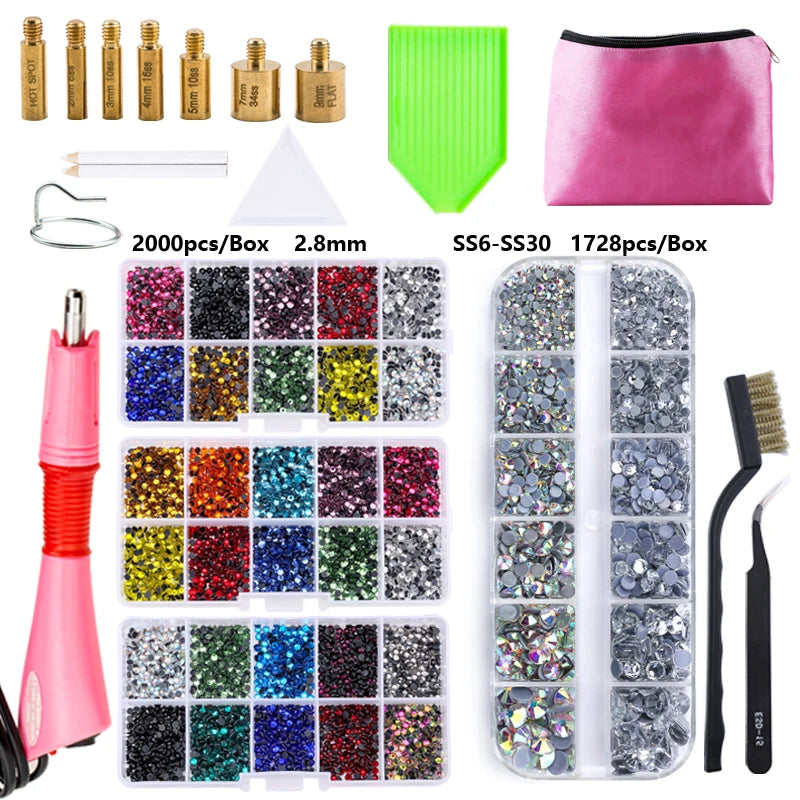 QIAO Hot Fix Rhinestones Set EU/US PLUG Hotfix Applicator 7 Tips Iron-on Crystal Glass Rhinestone Strass For Garment Decorations