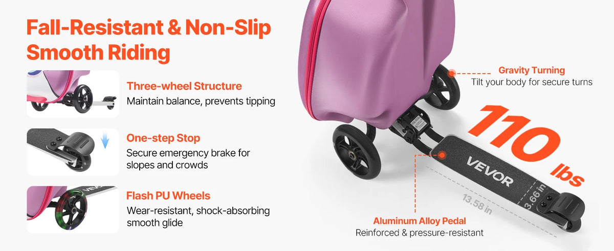 20L 20 Inch Purple Kids Ride-on Luggage Scooter Suitcase Flash PU Wheels Adjustable Handle TPR Grip Foldable for 5+ Kids Travel