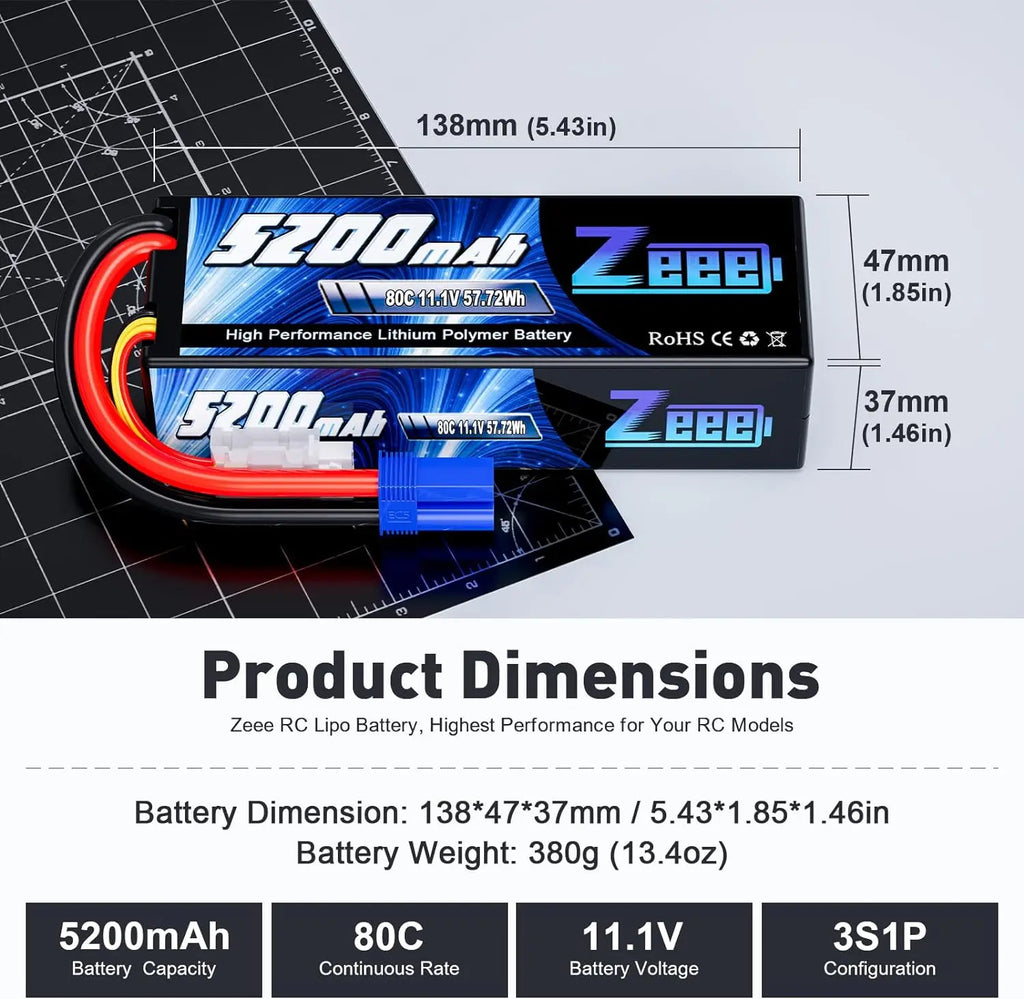 Zeee 11.1V 80C 5200mAh 3S Lipo Battery with Deans Plug Hardcase Battery for RC Car Boat Truck Helicopter Airplane Racing Models
