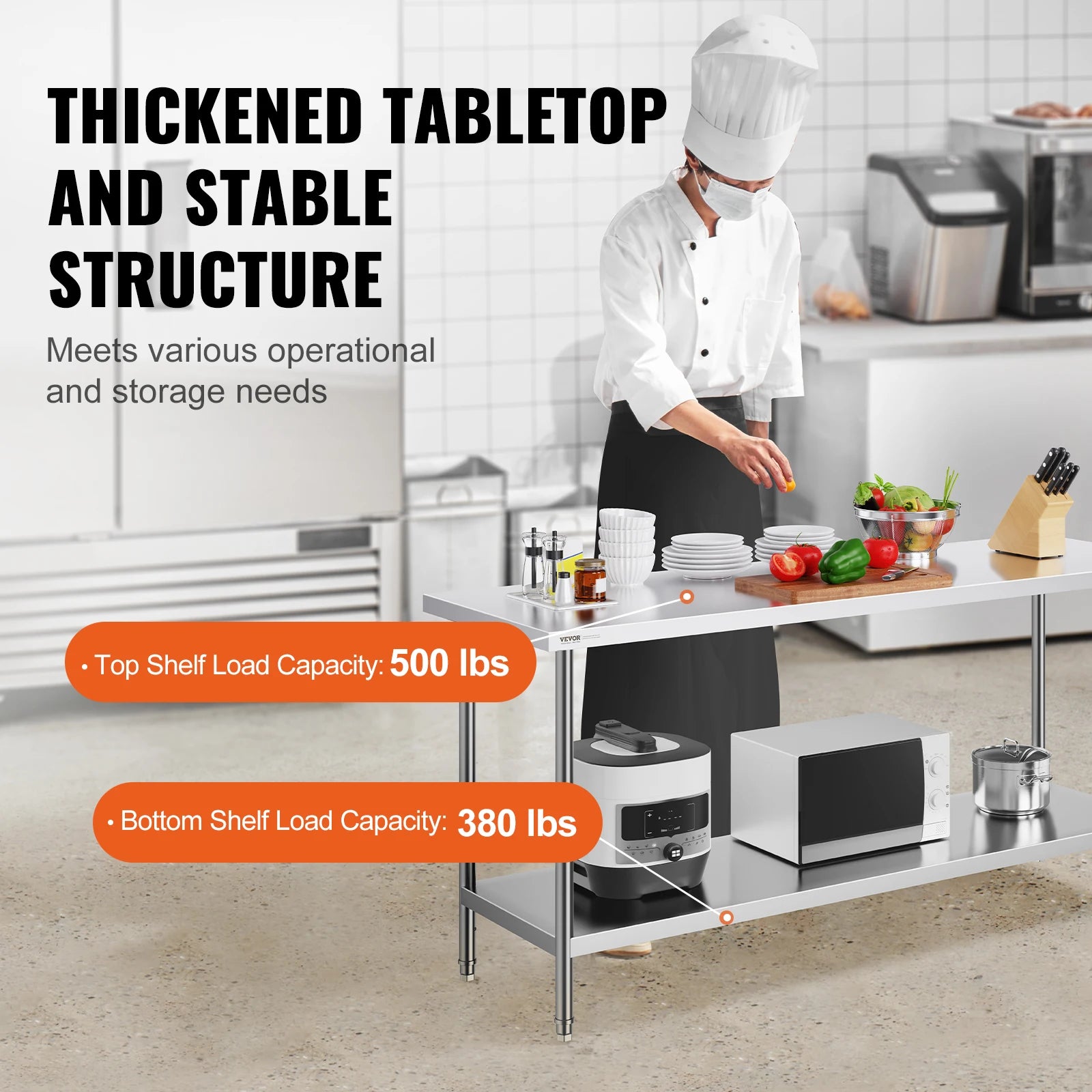 SucceBuy 4 Size Stainless Steel Prep Table Heavy Duty Metal Worktable Commercial Work Table for Restaurant and Home