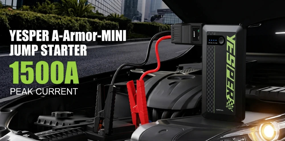 YESPER ARMOR Mini Car Jump Starter 1500A Peak 12V Car Battery Booster Power Bank USB Charger Outdoor Car Emergency Booster Pack Jump Box for Motorcycle SUV Truck 7L Gas 5.5L Diesel