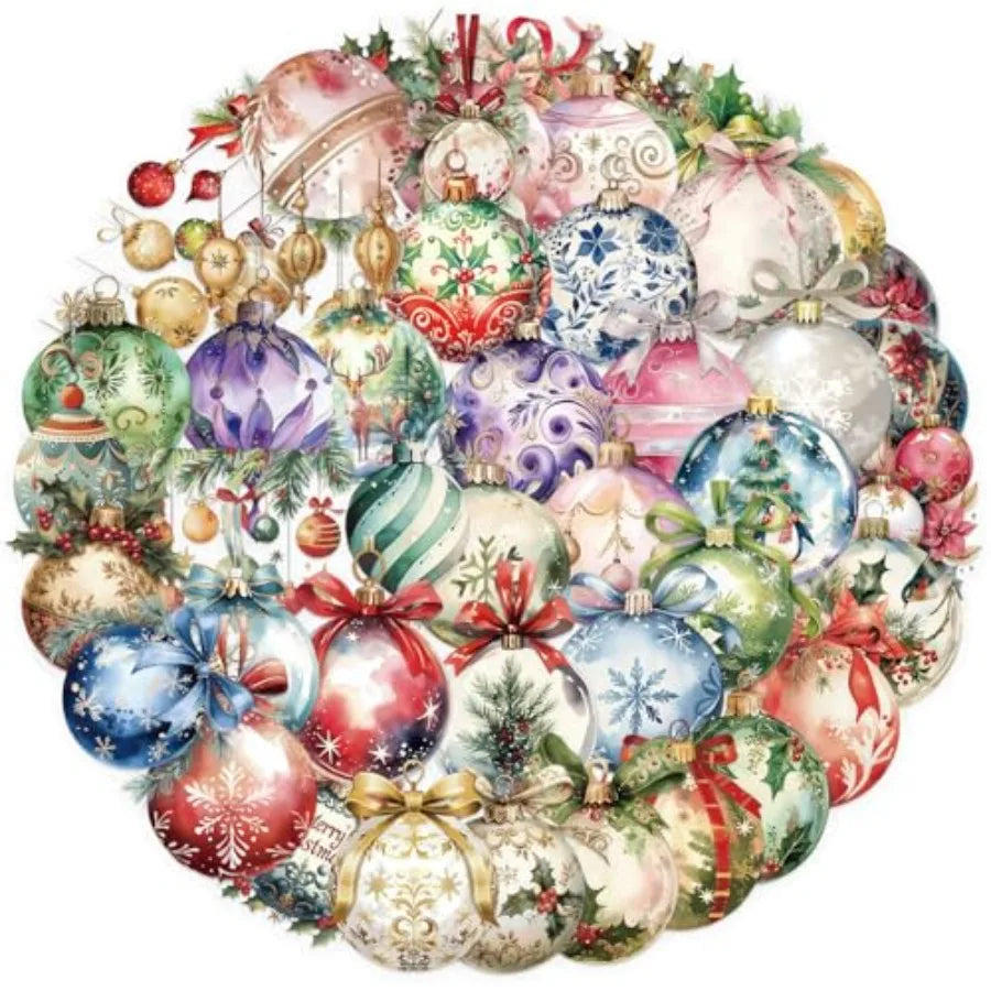 50Pcs Transparent Christmas Ball Stickers for PET Holiday Decor, Clear Vinyl, Vintage Colorful Design, Ideal for Journaling, Sc