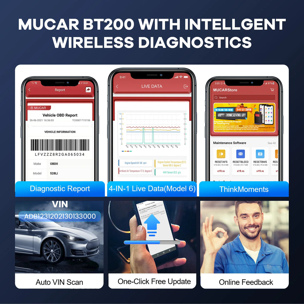 MUCAR BT200 Bluetooth OBD2 Scanner, Full System Car Diagnostic Tool with 15 Reset Functions