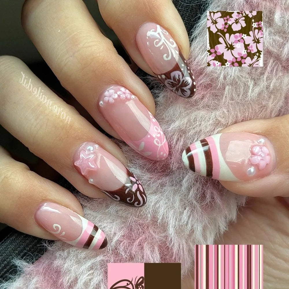 Medium Almond Press On Nails with Brown Stripes and Pink Flower Print