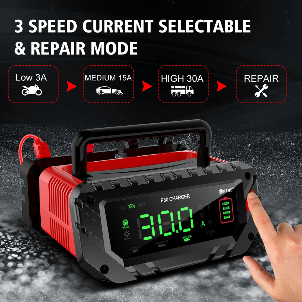 HTRC 30A/26A 6V/12V/24V Car Battery Charger for Motorcycle Lead-Acid SLA Gel Lithium LiFePo4 Portable Smart Battery Charger
