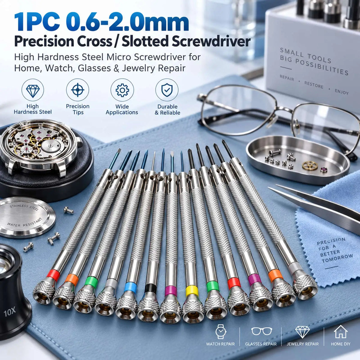 13PCS/Set 0.6-2.0mm Slotted Cross Screwdriver Set Professional Watchmakers Watch Repair Screwdrivers Tool Kit