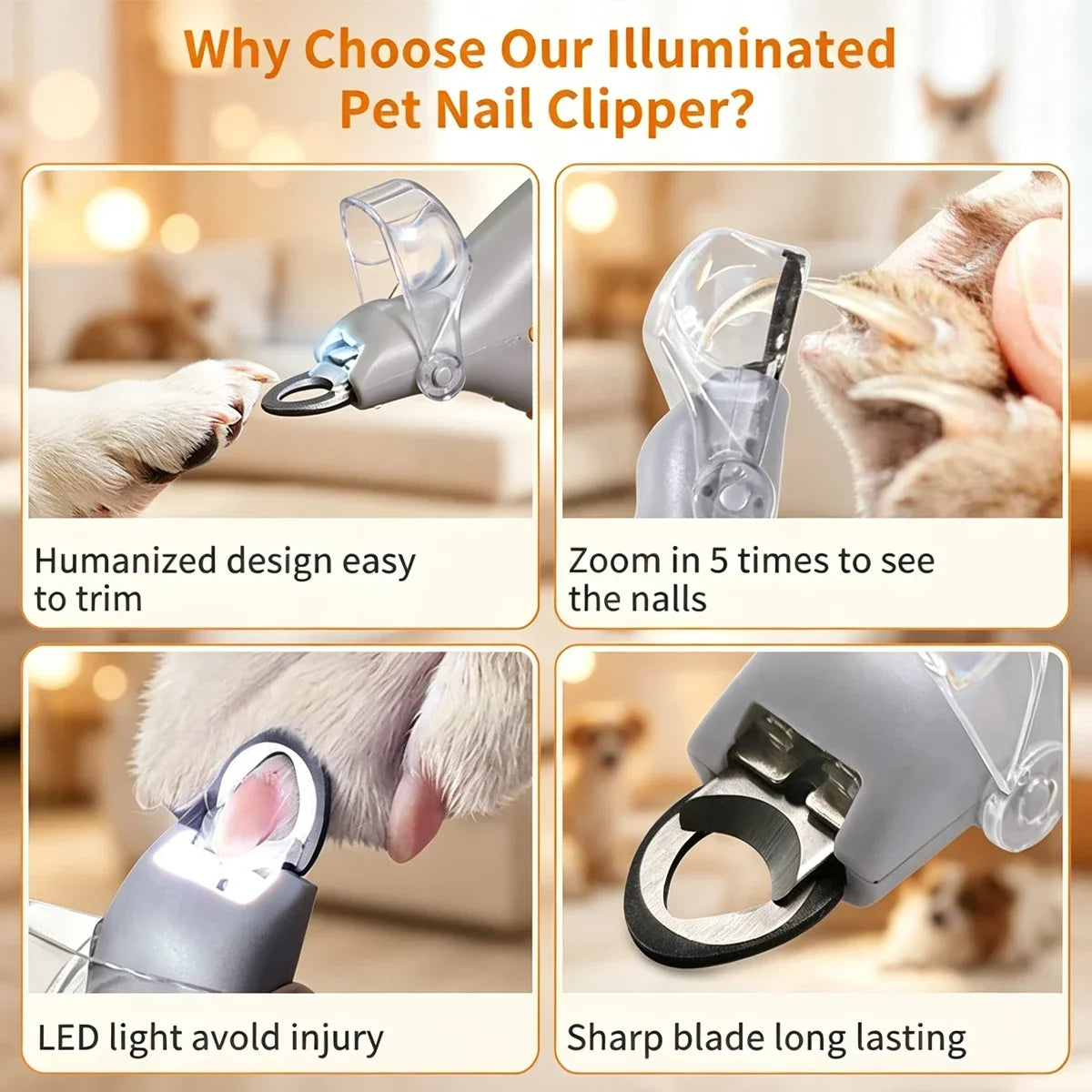 Pet Nail Clipper with LED Light & 5X Magnifying, Dog & Cat Claw Trimmer, Pet Grooming Tool for Easy Nail Care