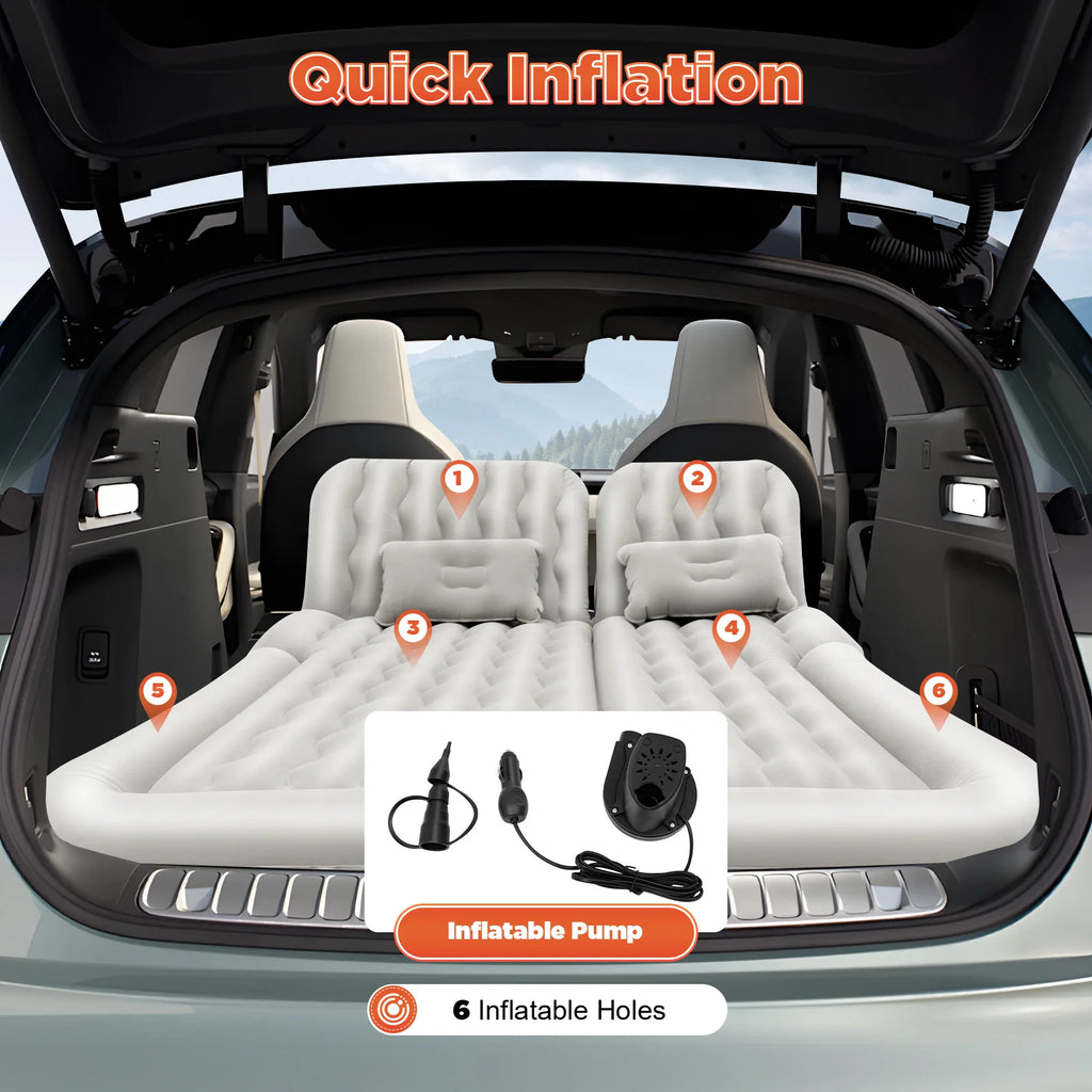 Inflatable Car Back Seat Air Mattress, Foldable Flocked Travel Bed with Pump
