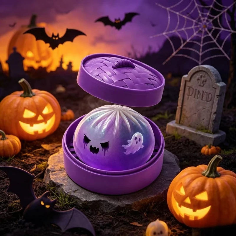 Halloween Ghost Dumpling Squishy Toy with Steamer, Glitter Slow-Rebound Sensory Fidget
