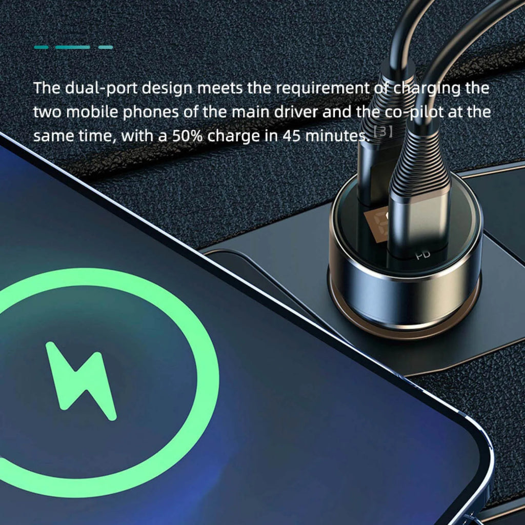 Car Charger Dual USB 18W PD Quick Charge LED Voltmeter Display Aluminum Alloy 12V-24V Fast Charging Adapter for Phone Tablet GPS