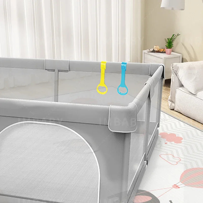Baby Playpen with Safety Gate, Large Indoor Play Yard Fence for Toddlers, Light Gray