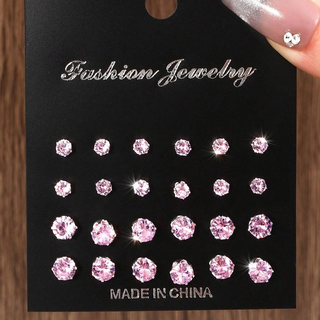 Cubic Zirconia Stud Earrings Set, 12 Pairs