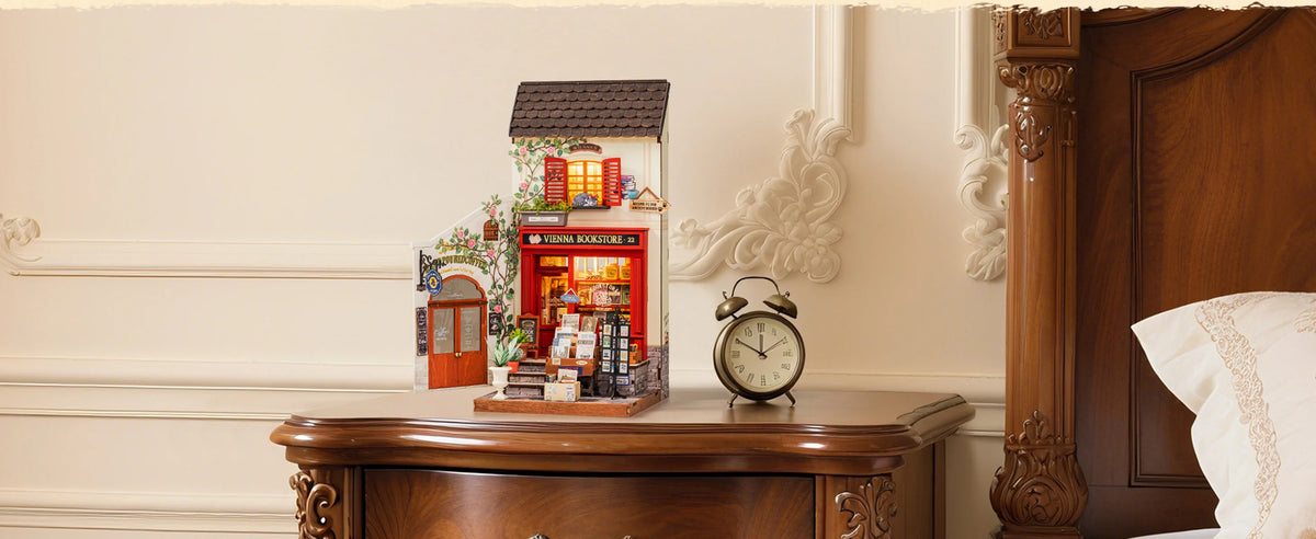 Rolife Wooden 3D Puzzle DIY Miniature House Kit Vienna Bookstore & Aromatic Coffee Cart Model Building Kit with LED Light for Home Decor Gift for Adults Teens