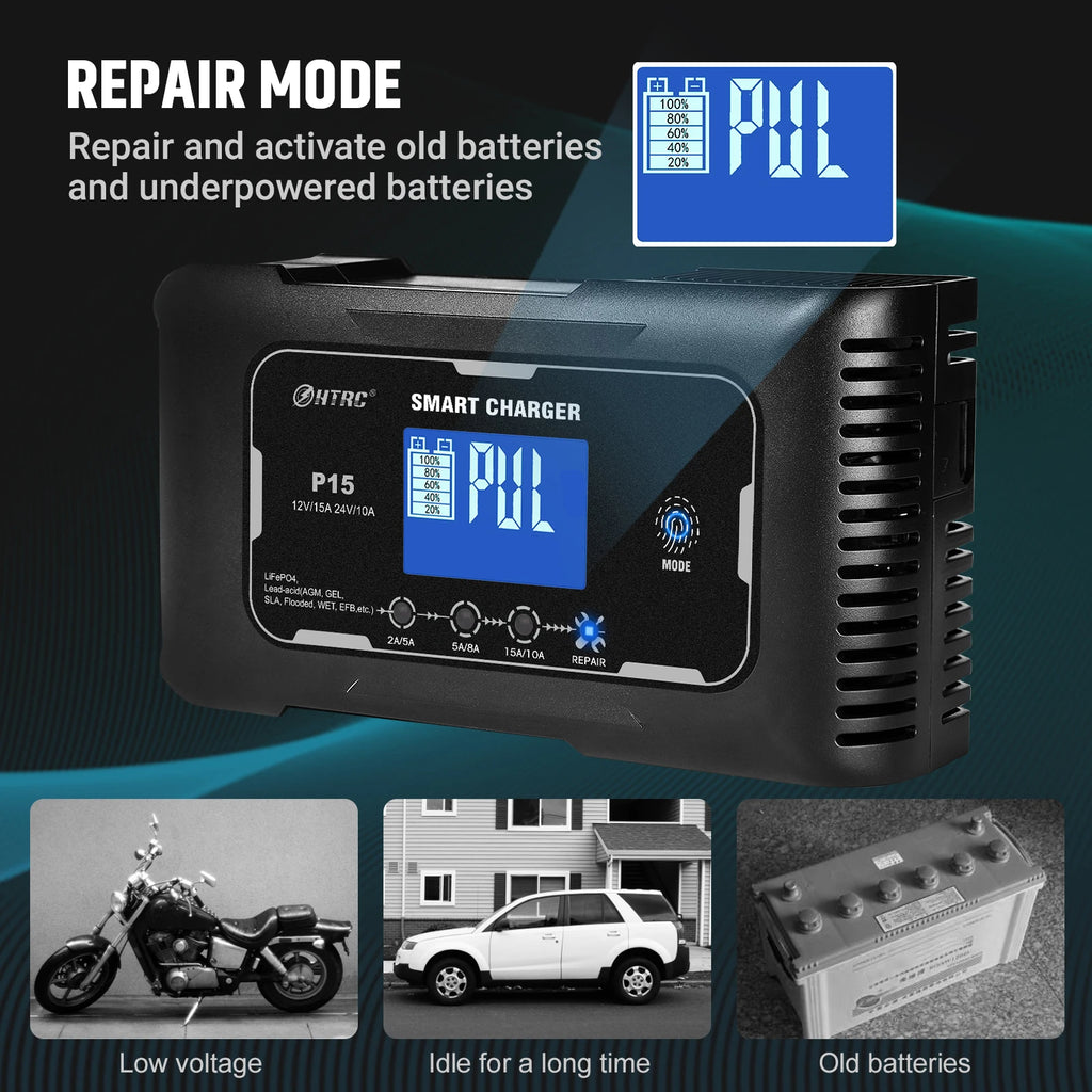 12V-24V 35A/25A/20A/15A/10A Car Battery Charger LCD Automatic Pulse Repair Charge for Lifepo4 AGM Lead-Acid Lithium Batteri