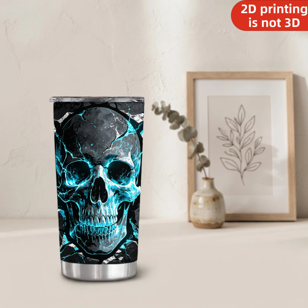Halloween Blue Fire Skull Tumbler, 20 oz Insulated Stainless Steel with Lid and Straw