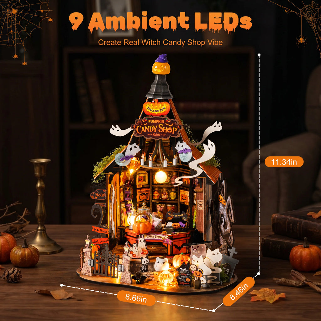 Rolife DIY Miniature House Kit Haunted Candy House Wooden Dollhouse Model Building Kit with LED Light for Home Decor Holiday Gift for Adults Friends