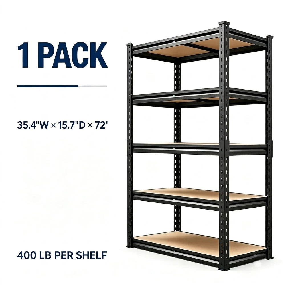 Heavy Duty Metal Storage Rack 5 Tier Adjustable Utility Shelving Unit with MDF Board Garage Organizer Tool Shelf for Basement Warehouse Kitchen