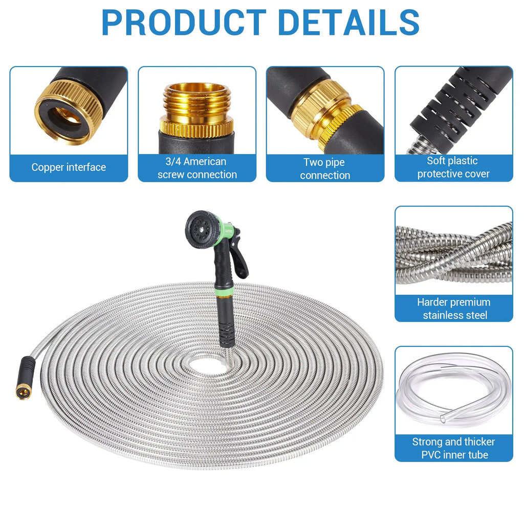 50/100/150FT Stainless Steel Garden Hose With 10-Function Spray Nozzle Kink-Free Metal Water Hose Brass Connectors