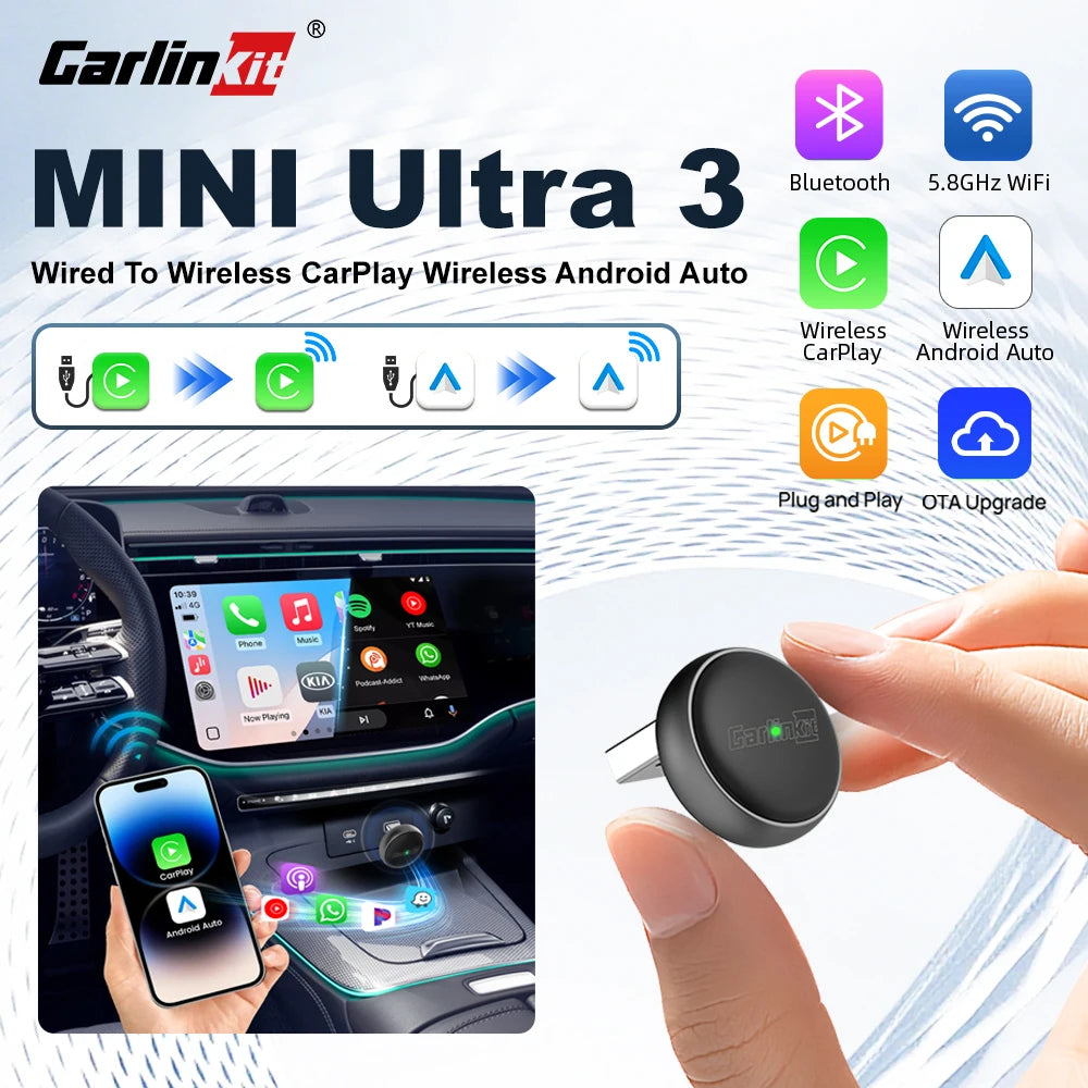 New CarlinKit Mini Ultra3 Wireless CarPlay Adapter Android Auto Wireless Dongle 2-In-1 Wireless Adapter Auto Connect 5.8G Wifi