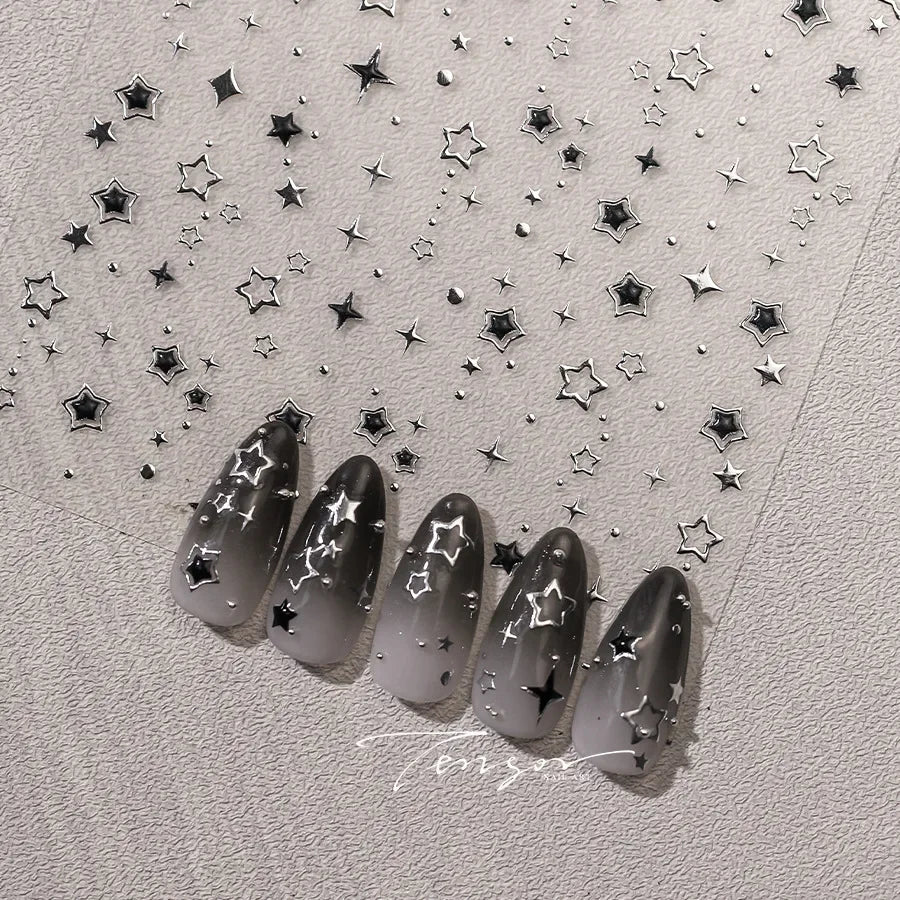 5D Luxury Star Nail Stickers for Nail Art Stars Black Silver Nail Decals Gilding Hollow Out Five-Pointed Nail Art Design Slider