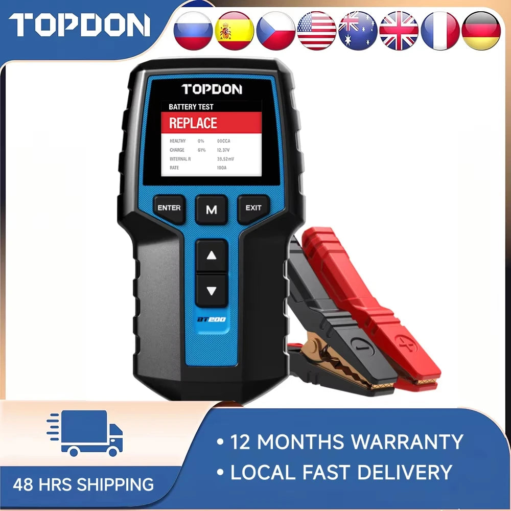 TOPDON BT200 Car Battery Tester, 12V/24V, 100-2000 CCA Load Tester | Battery and Alternator Tester for Cranking and Charging Systems, Auto Battery Analyzer for Cars, Trucks, SUVs, ATVs and Boats